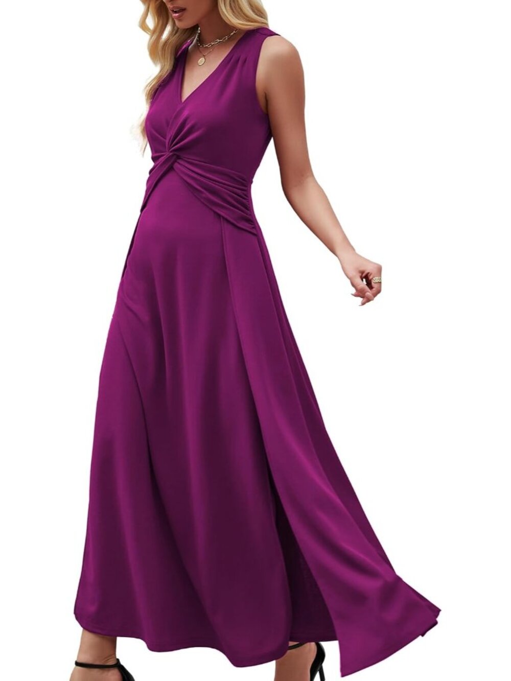 Women's Purple V Neck Sleeveless Back Zipper Formal Weddings Guest Maxi Dresses